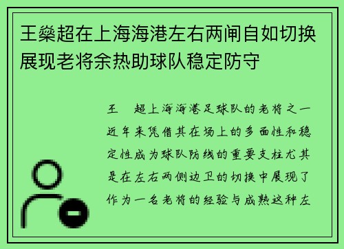 王燊超在上海海港左右两闸自如切换展现老将余热助球队稳定防守