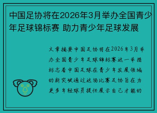 中国足协将在2026年3月举办全国青少年足球锦标赛 助力青少年足球发展 中国足协将在2026年3月举办全国青少年足球锦标赛 助力青少年足球发展